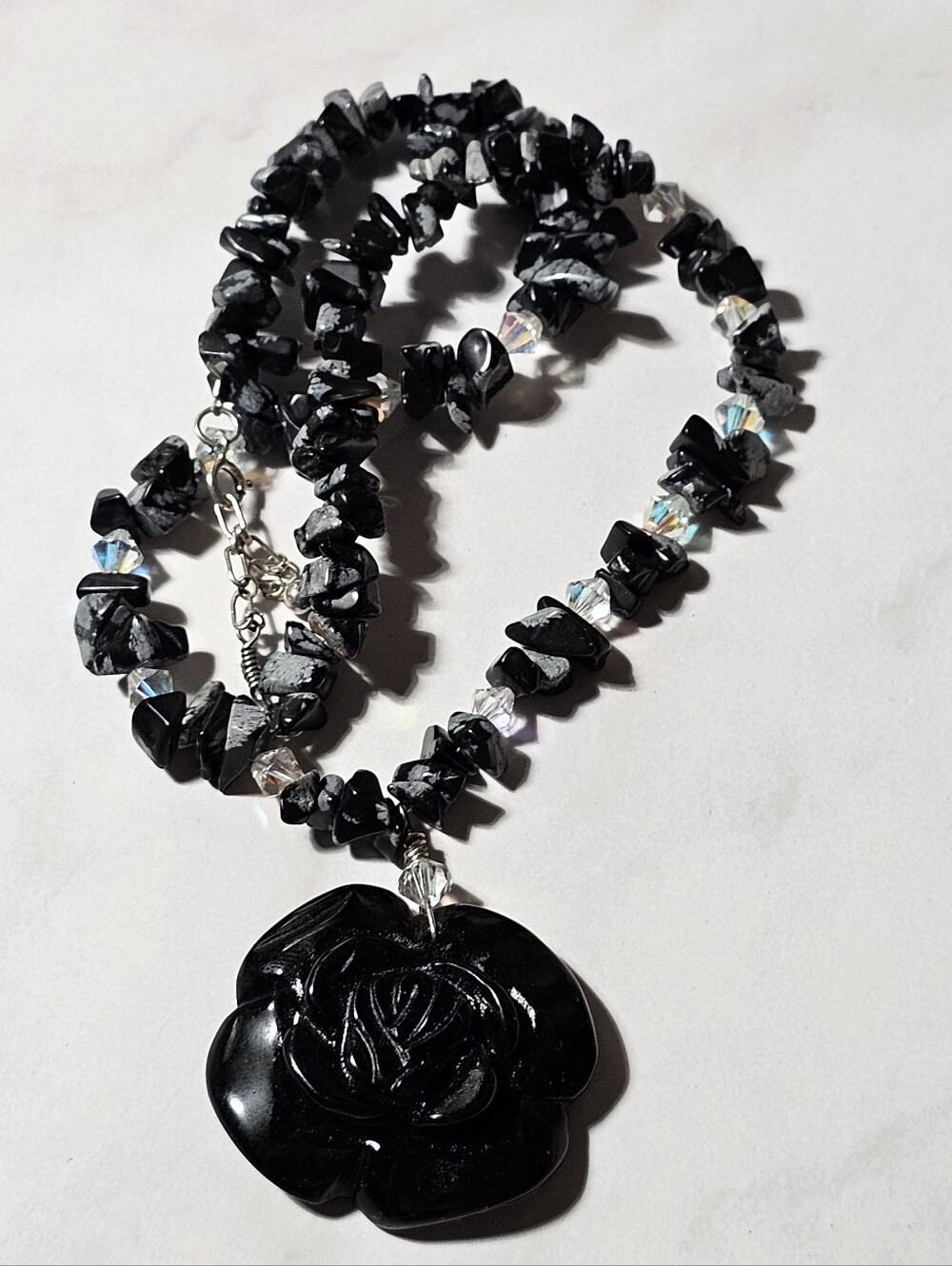 Vintage Snowflake Obsidian and sterling Necklace